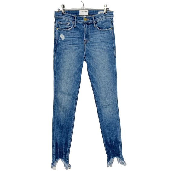 Frame Denim Denim - FRAME Denim Le Skinny De Jeanne Chewed Raw Hem Fringe Frayed Blue 26 Women's